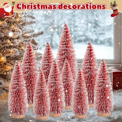 12 Pcs Mini Christmas Tree, Tabletop Christmas Tree with Wooden Bases Artificial Mini Tree with 3 Sizes Christmas Table Decor Bottle Brush Trees for Christmas Decorations (Red)