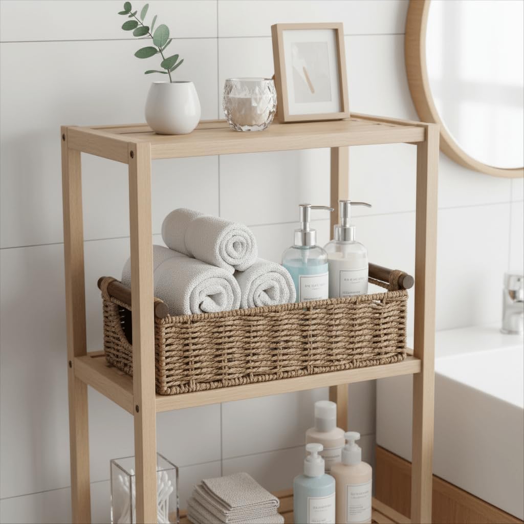 Small Wicker Toilet Basket Tray Organizer W/Cut Out Handle / Neutral / S - 12.99"l x 6.29"w x 3.1"h