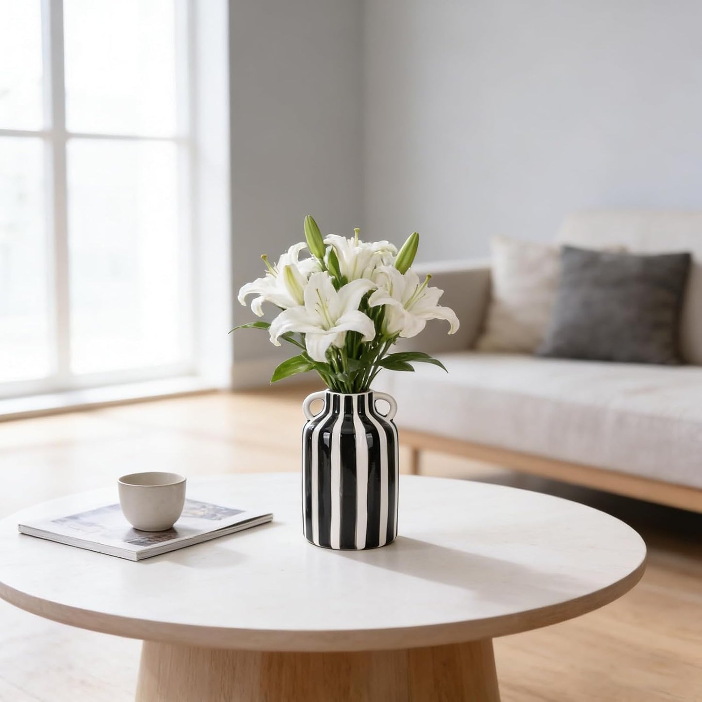 Ceramic Striped Checkered Vase / Black White
