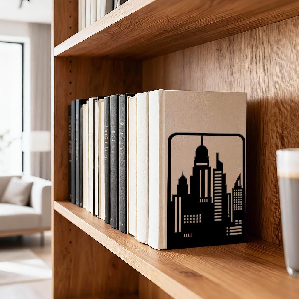 Metal Bookends Heavy Duty Book Shelf Holders City / Skyline Tall Buildings / Black / Set of 2