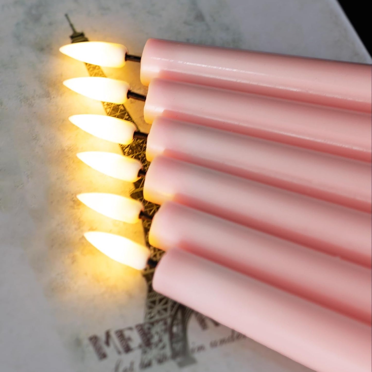 Short Pink Flameless Taper Candles with Remote Set of 6 | Flickering LED Candlesticks, Real Wax Coating, 2 AAA Battery