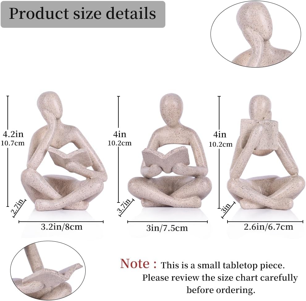 Thinker Statue / Matte Sandstone Resin Reading Figurines / Sandstone Color / Set of 3