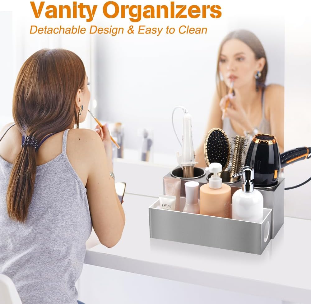 GFWARE Hot Hair Styling Tool Organizer with 3 Stainless Steel Cups, Silver | Bathroom Vanity Organizer Storage, Hair
