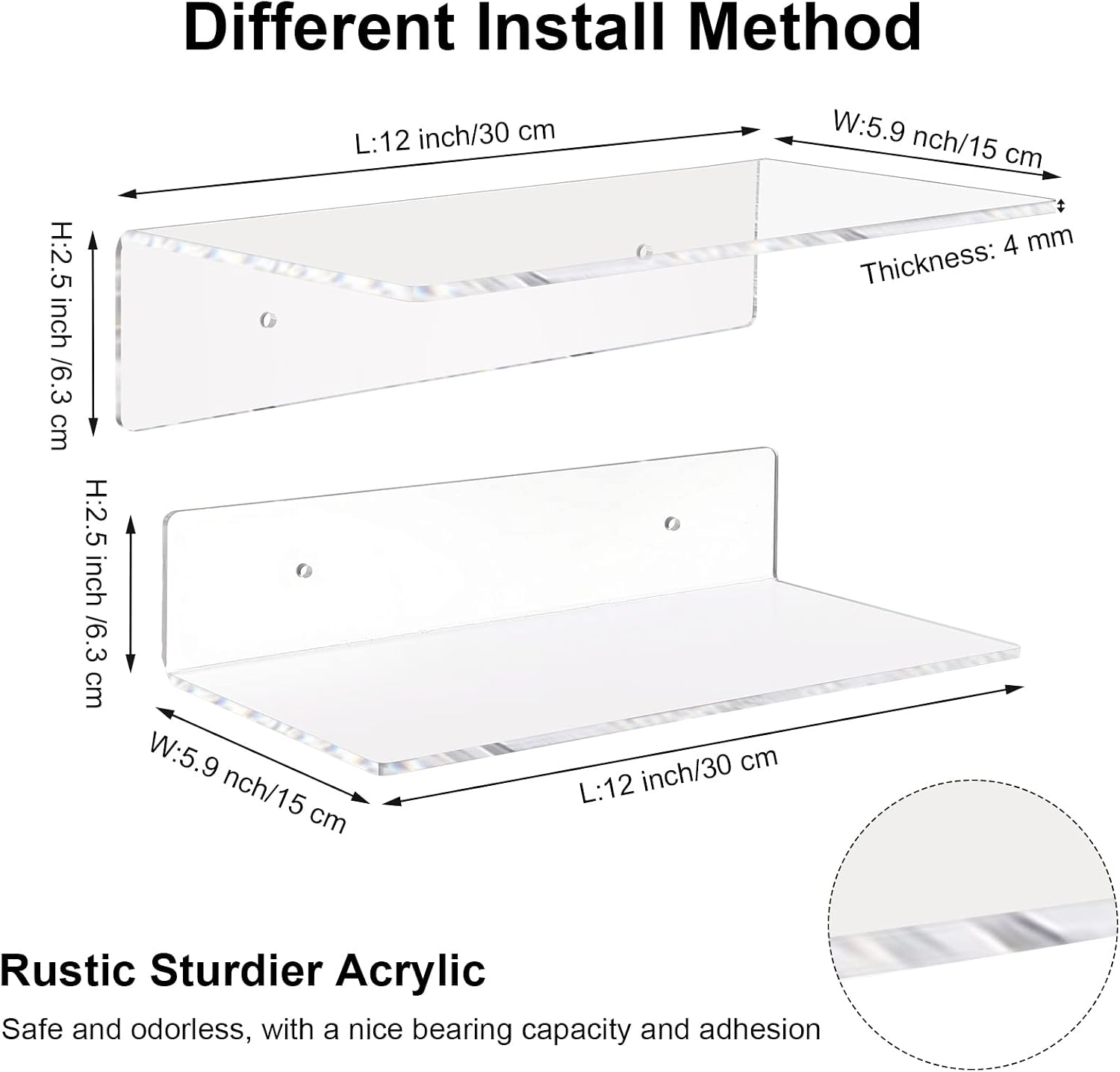 Vinsot 8 Pack Acrylic Floating Shelves 12 Inch Clear Acrylic Wall Display 4 mm Thick Invisible Book Shelves for Bedroom