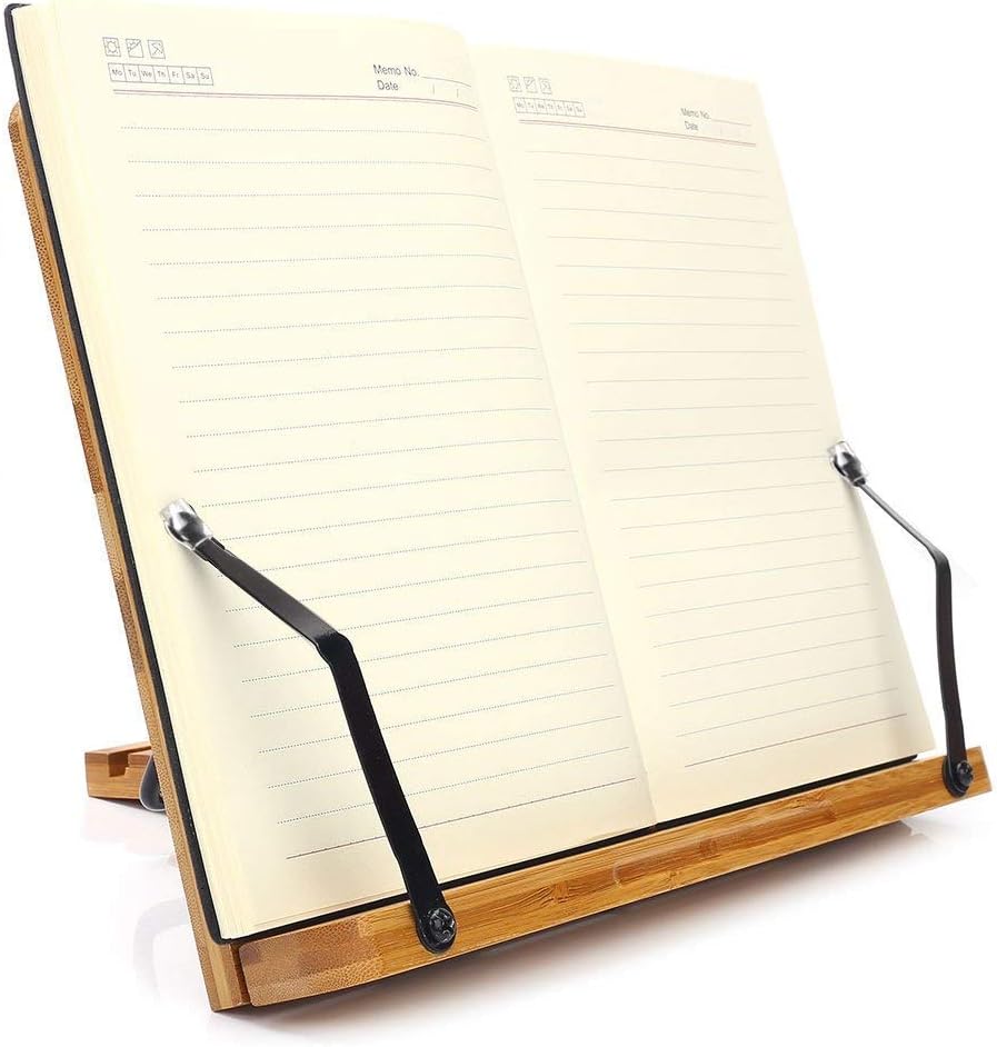 wishacc Bamboo Book Stand, Adjustable Book Holder Tray and Page Paper Clips-Cookbook Reading Desk Portable Stable