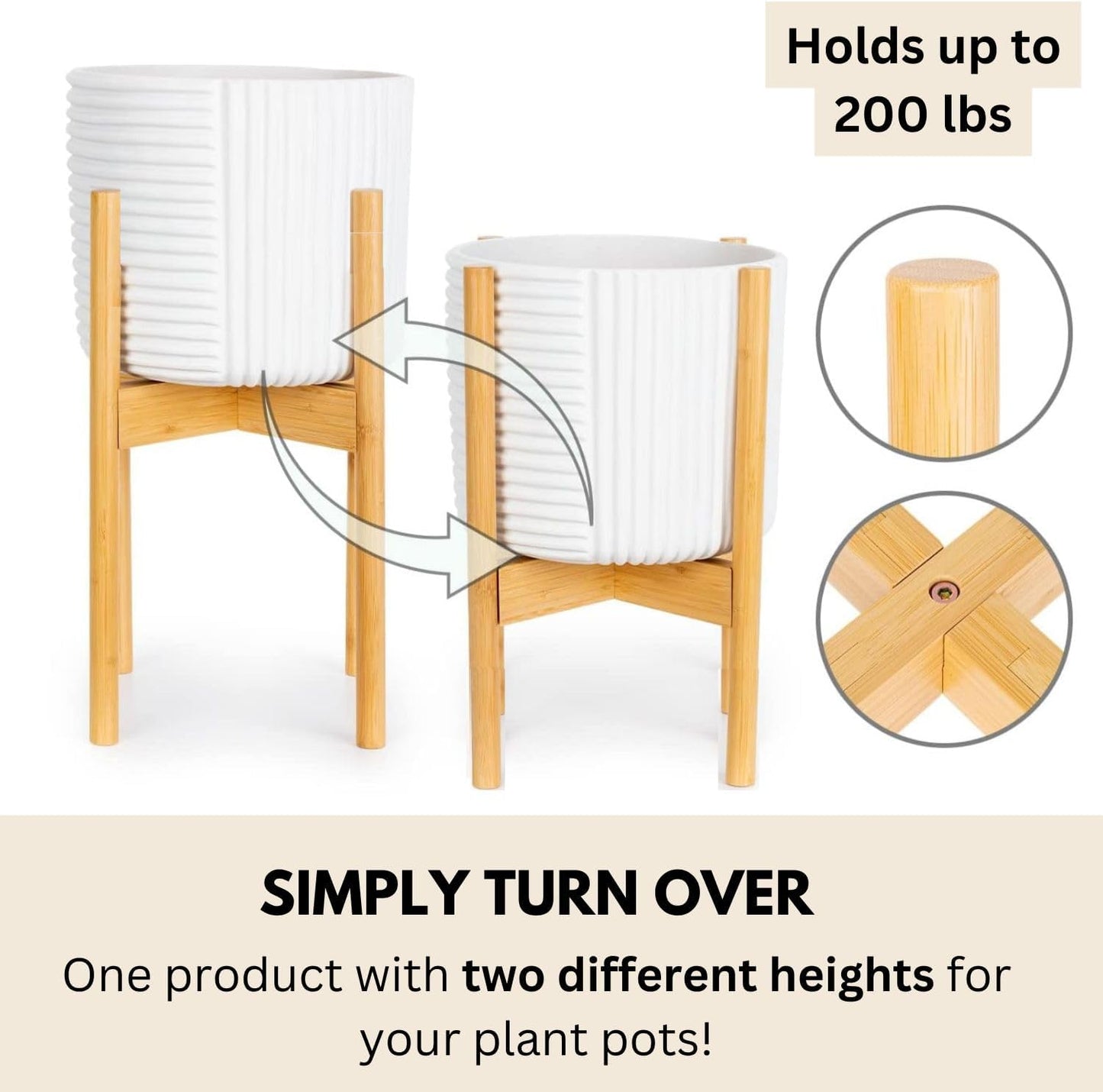 Fox & Fern Large Adjustable Plant Stand Indoor, Bamboo Stand, 8 - 12 Inch | Plug In Design, Holds 200 lbs, Two Heights