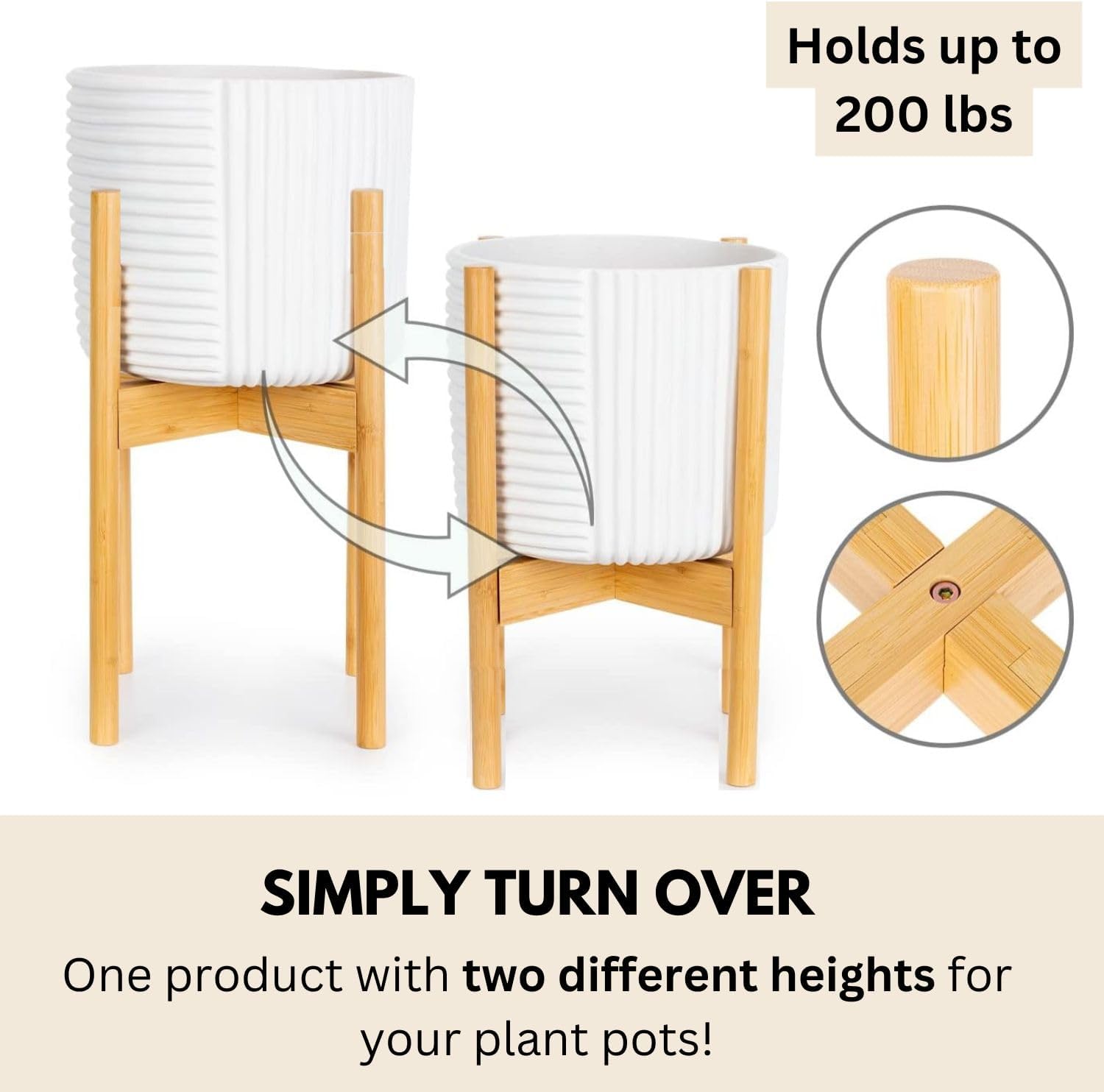 Fox & Fern Large Adjustable Plant Stand Indoor, Bamboo Stand, 8 - 12 Inch | Plug In Design, Holds 200 lbs, Two Heights
