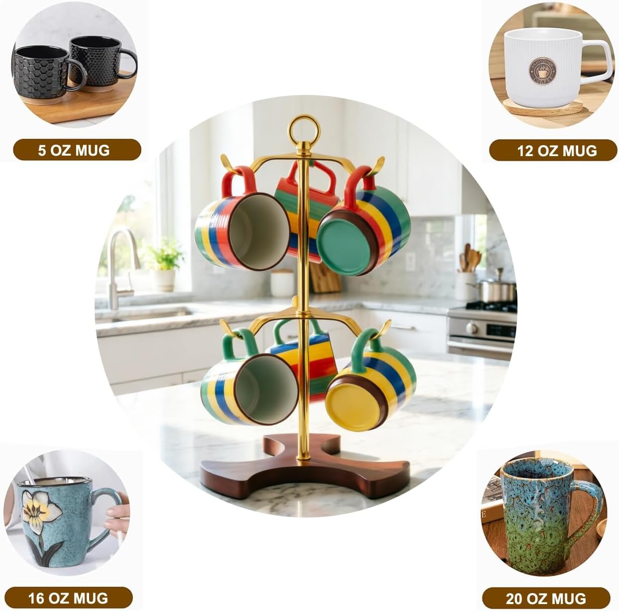 Gold Mug Tree for Countertop - 2-Tier Coffee Mug Holder Rack for 6 Large Mugs (5oz-20oz) - Sturdy Metal & Solid Wood