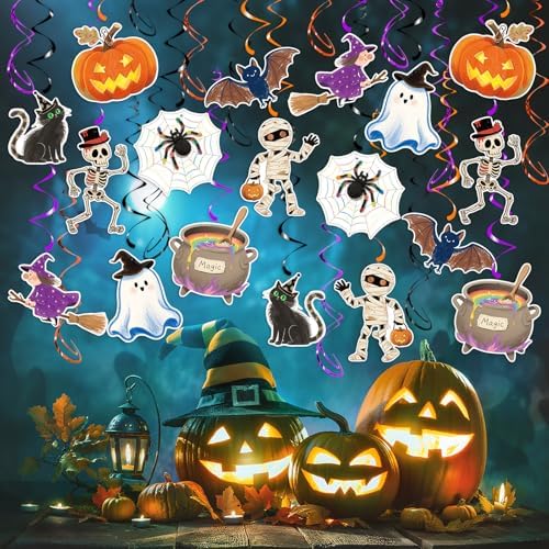 Halloween Hanging Swirls, 48Pcs Halloween Ceiling Hanging Decorations Ghost Pumpkin Witches Swirls Streamers for Indoor Outdoor Party Supplies