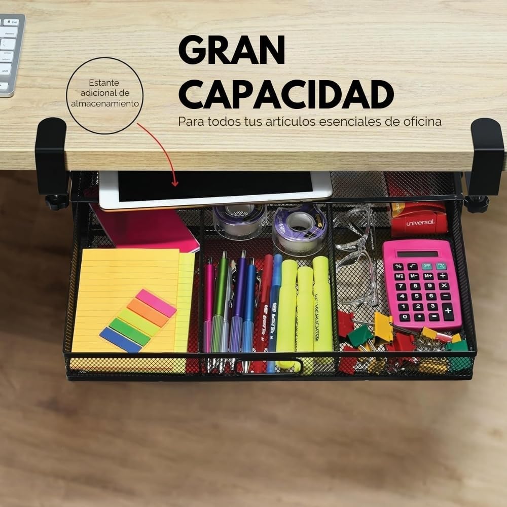 Under Desk Drawer Organizer Clamp-On, Mesh Metal Attachment, 1 Drawer Slide Out, On or Under Desk Organizer for Office