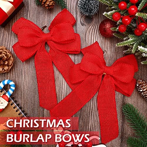 Xinnun 6 Pcs Christmas Burlap Bows Wreath Bows,Plain Style,Red