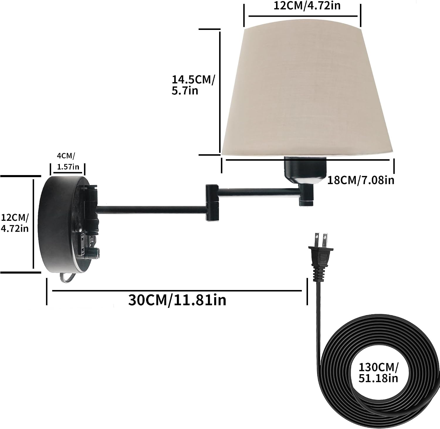 Wall Lamp Plug in with USB and 2 Pin Socket,Wall Mount Lights That Plug in Cord and Switch,Wall Mount Lights for