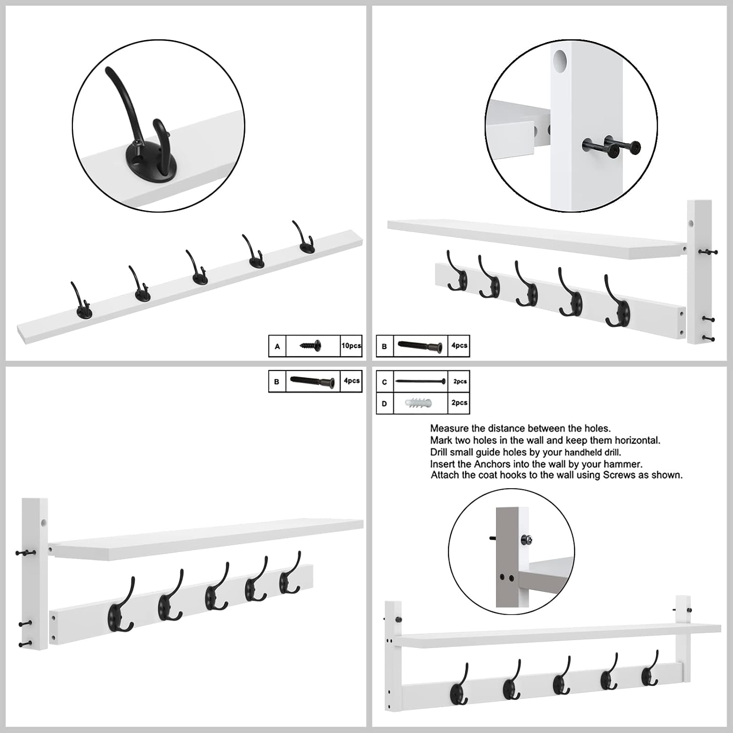 AMBIRD Wall Hooks with Shelf | Entryway Hanging Wood Coat Hooks | Wall-Mounted Rack with 5 Dual Hooks | Bathroom