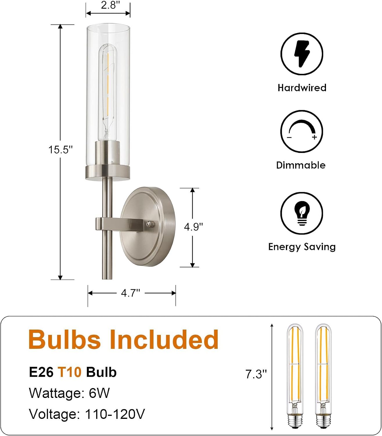 Brushed Nickel Wall Sconces Set of 2, Hardwired Bathroom Sconces Vanity Light Fixture, Farmhouse Wall Mount Lamps for