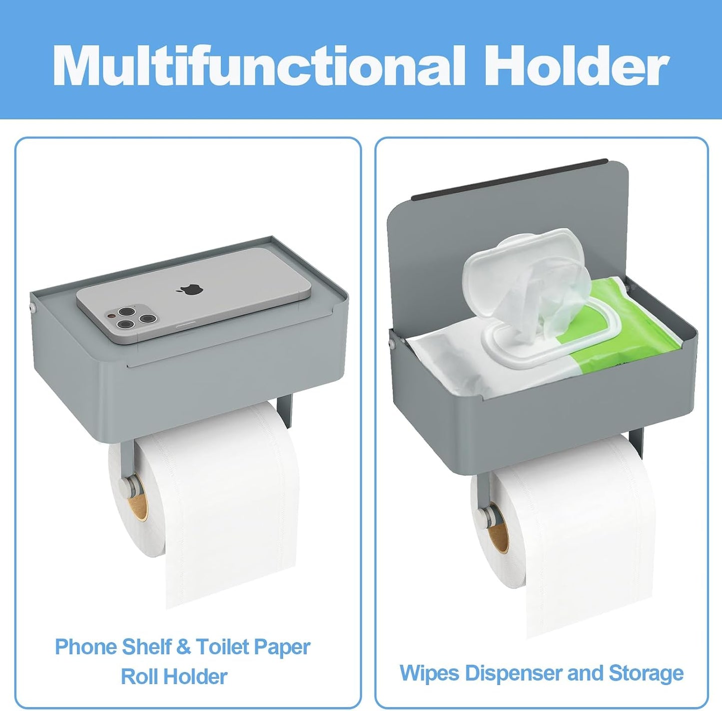 JUYSON Toilet Paper Holder, Toilet Paper Holder with Shelf, Grey | Wall Mount, SUS304 Stainless Steel, Flushable Wipes