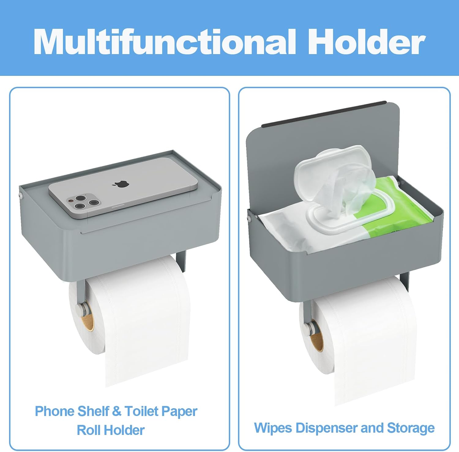 JUYSON Toilet Paper Holder, Toilet Paper Holder with Shelf, Grey | Wall Mount, SUS304 Stainless Steel, Flushable Wipes
