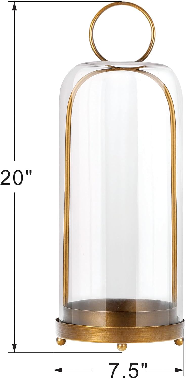 20" High Versatile Modern Metal Hurricane Lantern with Handmade Sturdy Glass Dome in Antique Brass for Pillar Candle &