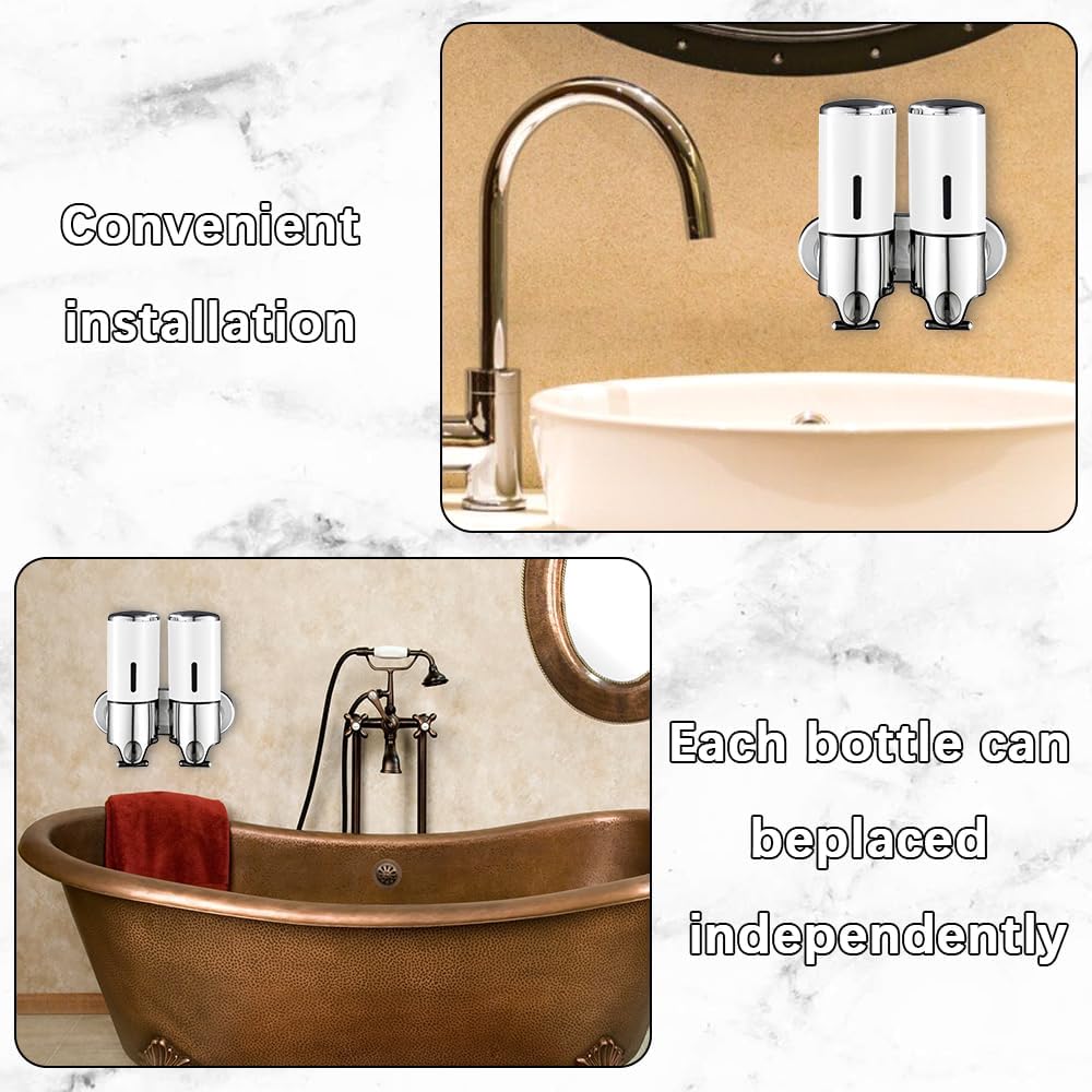 2 in 1 Chamber Wall Mounted Shampoo and Conditioner Dispenser (White) | No Drill Shower Soap Dispenser for Bathroom