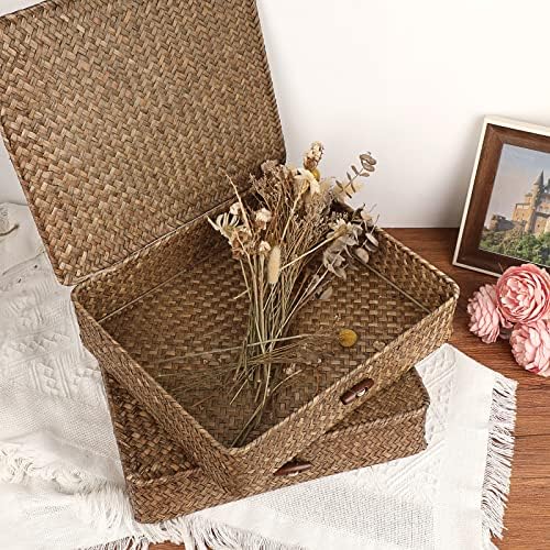 Hipiwe 2 Packs FLat Woven Wicker Basket Bin with Lid, Large Seagrass Baskes