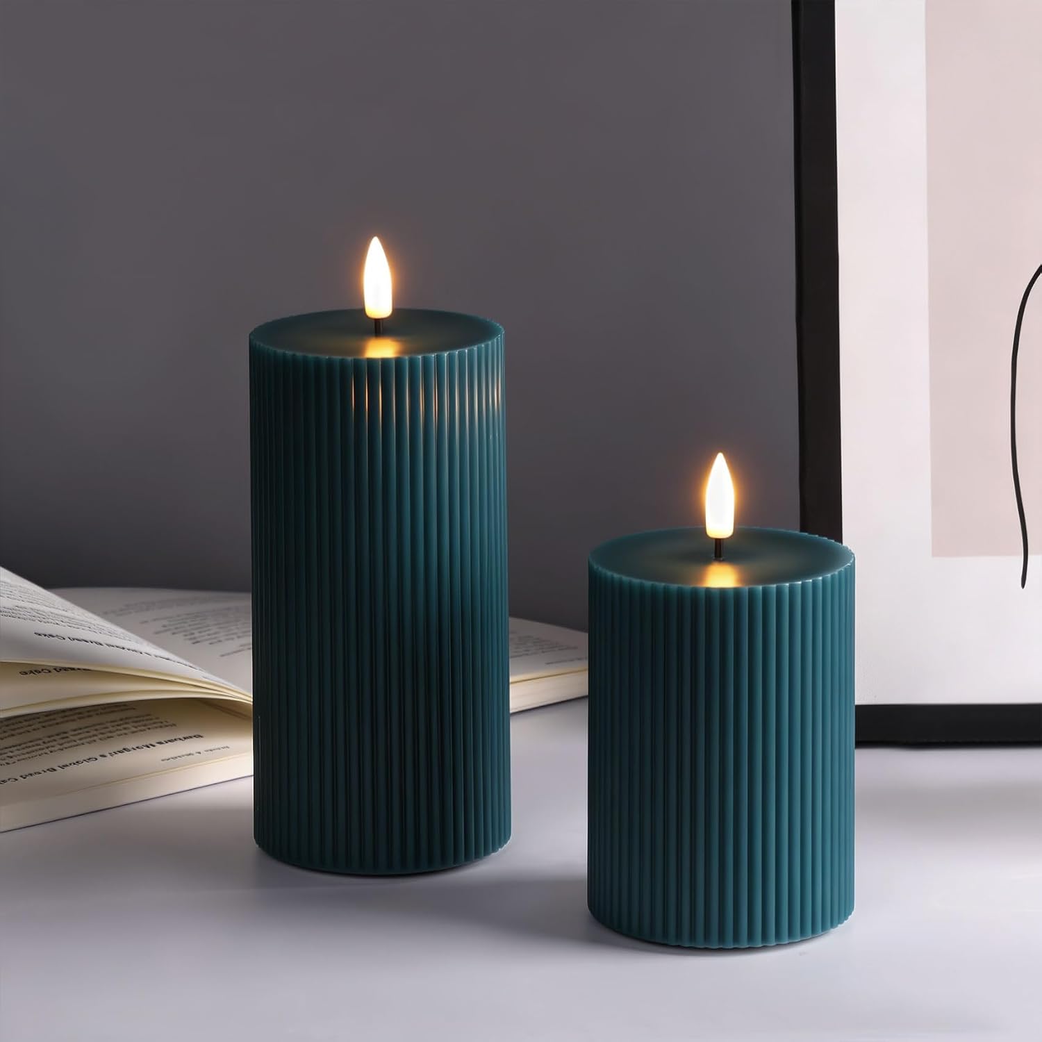 Ribbed Flameless Pillar Candles / Green / Set of 2