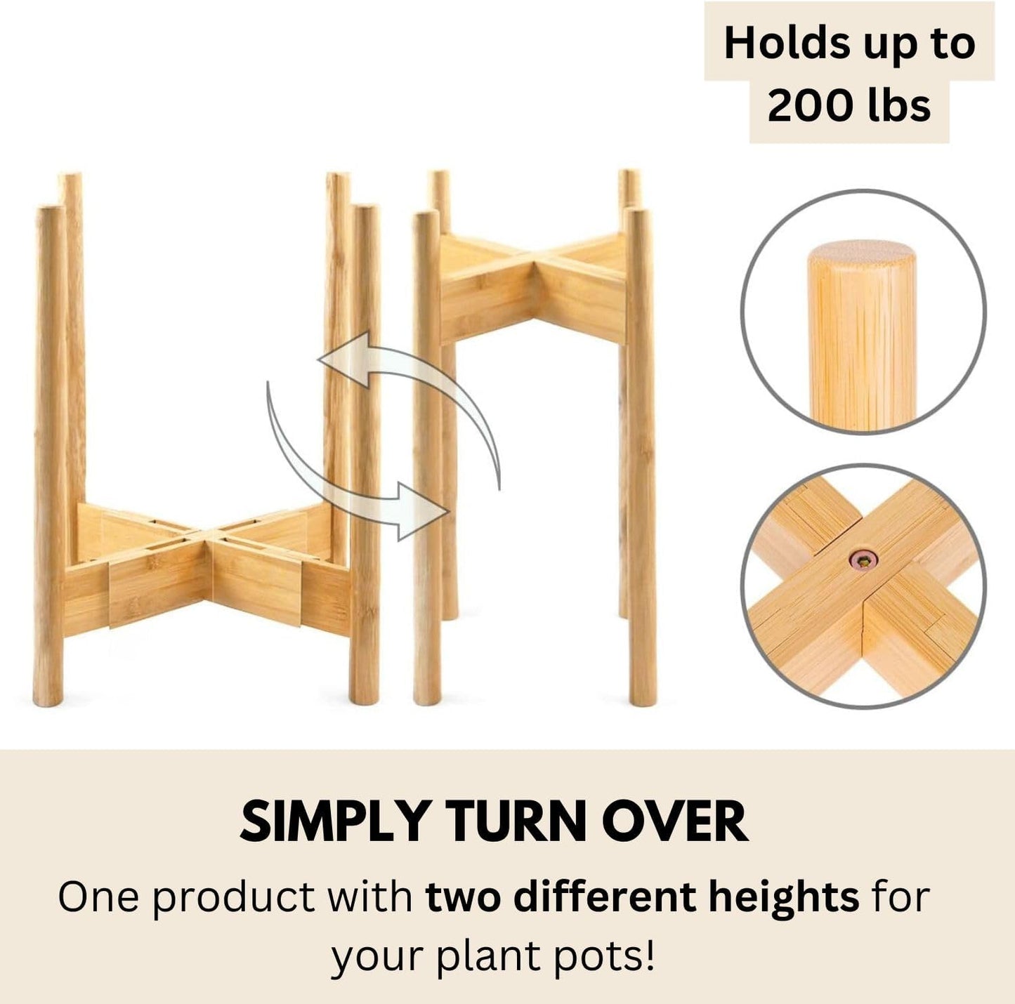 Fox & Fern Large Adjustable Plant Stand Indoor, Bamboo Stand, 8 - 12 Inch | Plug In Design, Holds 200 lbs, Two Heights