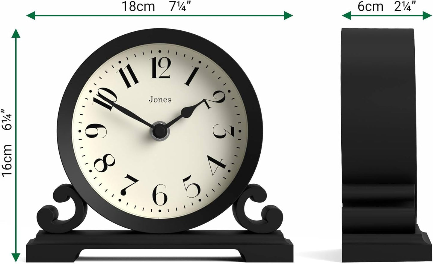 JONES CLOCKS® Saloon Mantel Clock | Small Traditional Double Scroll Design | Black | Contemporary Classic Style for