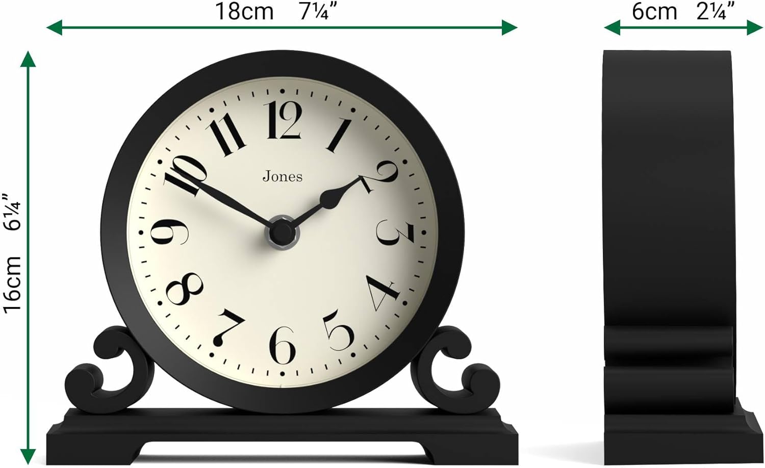 JONES CLOCKS® Saloon Mantel Clock | Small Traditional Double Scroll Design | Black | Contemporary Classic Style for