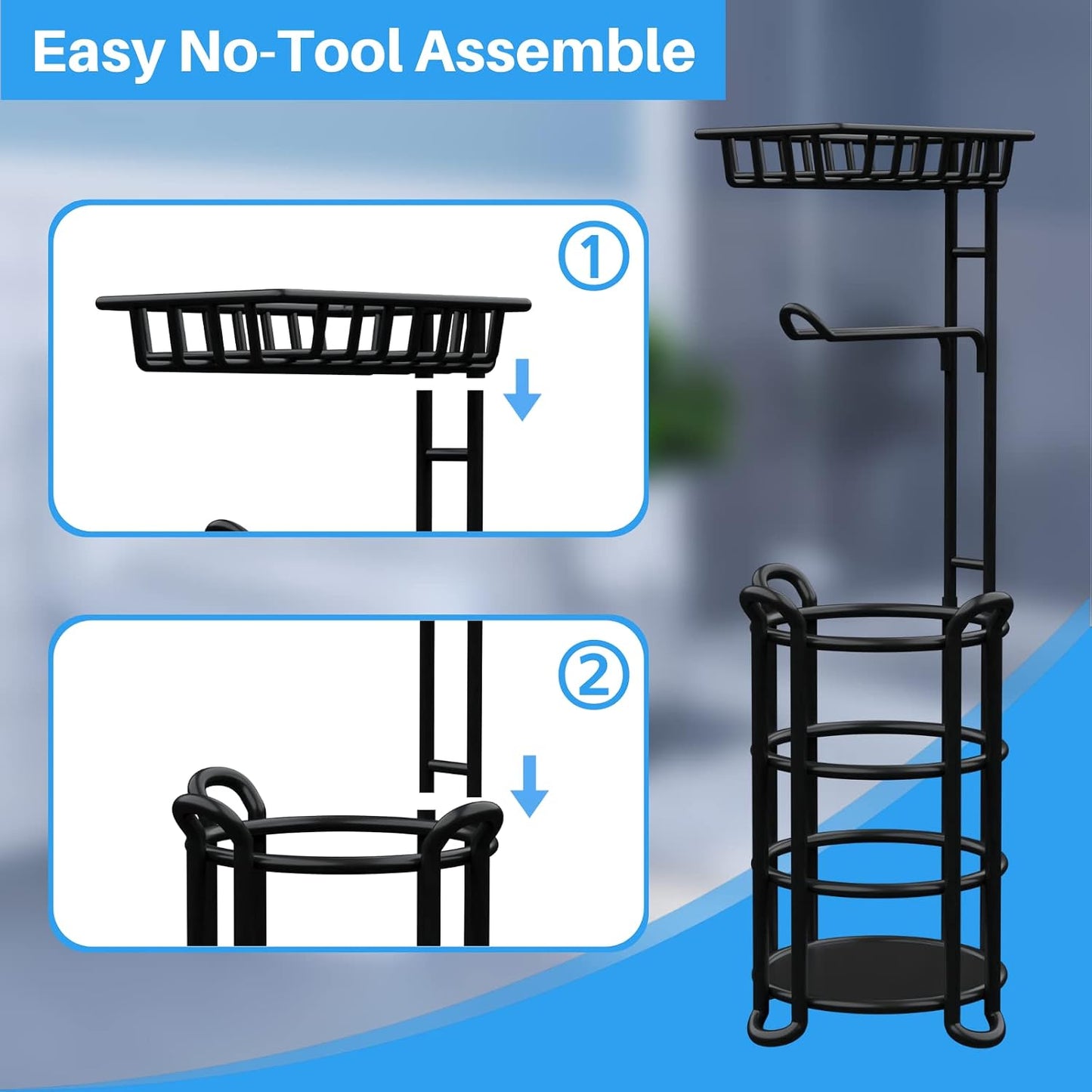 Toilet Paper Holder Stand with Shelf, Free Standing Tissue Roll Storage Rack with Dispenser for Bathroom, Black