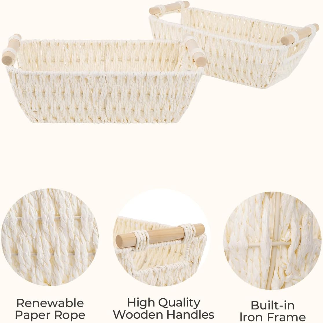 Wicker Baskets / Round Paper Rope Woven Basket / Beige / Small / Set of 2