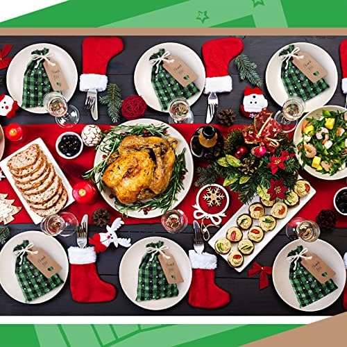 Shappy 24 Pcs Christmas Drawstring Gift Bags Xmas Buffalo Plaid Burlap Advent Bags 5.5 x 4 Inches Linen Treat Candy Bag with 32.8 ft Rope 24 Card(Black Green)