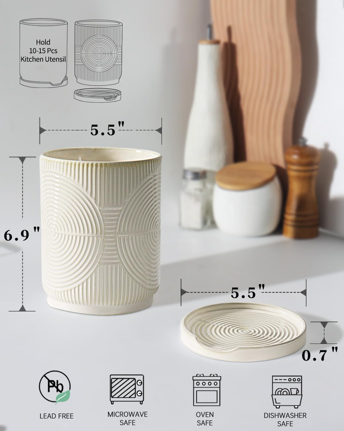 Utensil Holder, 7.2" Kitchen Utensil Holder for Counter, 2-in-1 Ceramic Cooking Utensils Holders with Spoon Rest