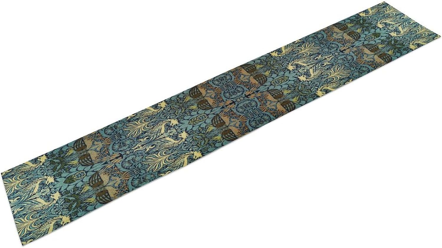 William Morris Peacock Dragon Table Runner, Vintage Flowers Boho Botanical Flowers Birds Printed Linen Table Runner for