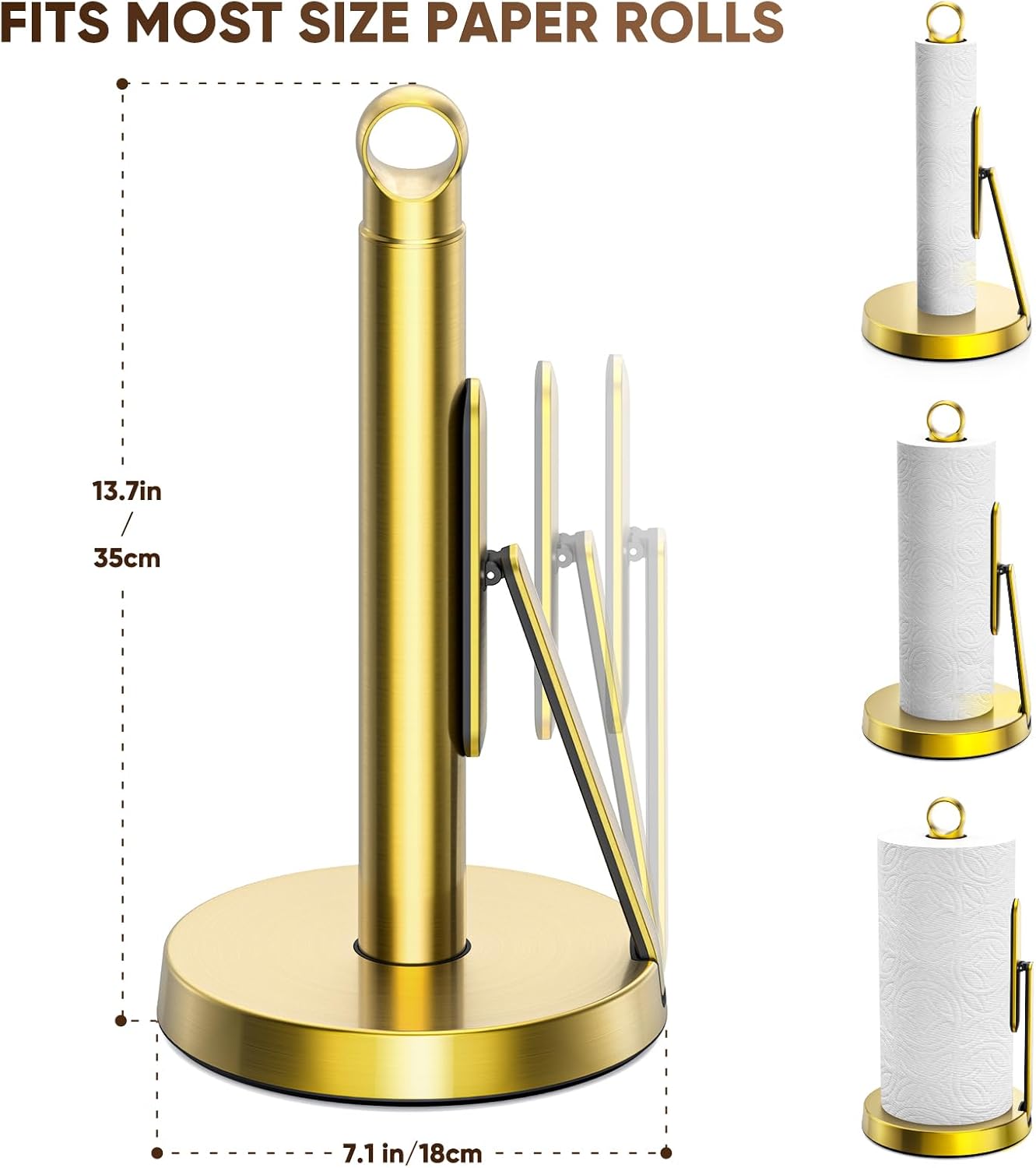 theaoo Heavy-Duty Paper Towel Holder with Tension Arm, Countertop(1, Gold) | Easy One-Handed Tear, Modern Stainless