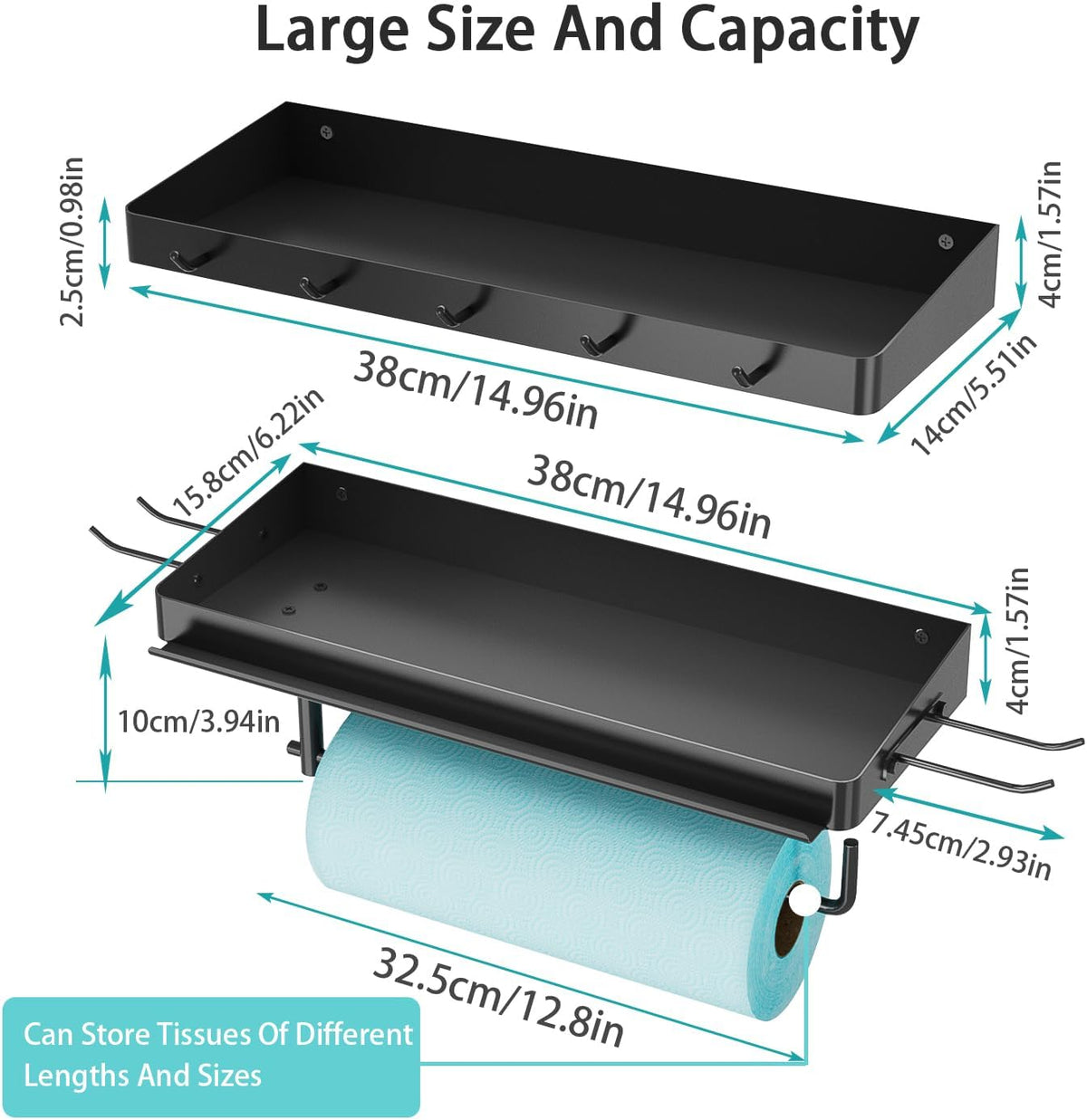 SUNTECH Garage Paper Towel Holder with 2 Shelves, Wall-Mount (Black) | One-Hand Tear Design, Comes with 2 hooks