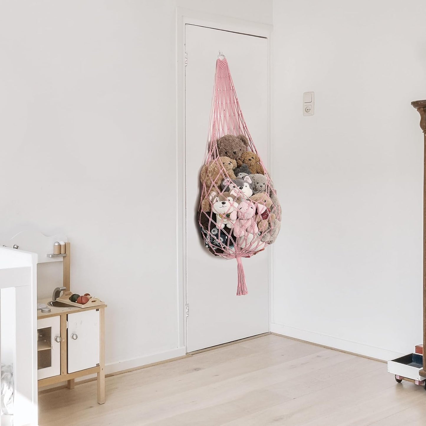 Stuffed Animal Hammock Corner Hanging Net for Stuff Animal Storage Macrame Toy / Light Pink / L