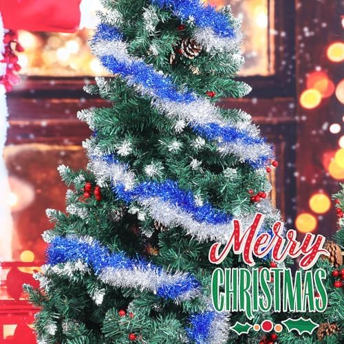 Shappy 90 ft 6 Rolls Christmas Tinsel Garland for Tree, Blue, Sliver