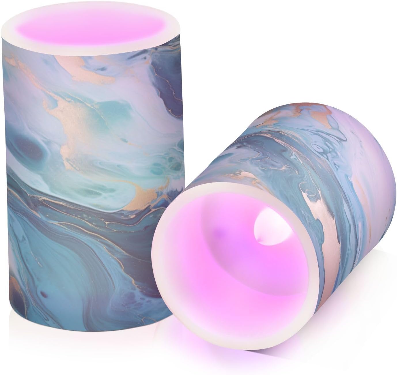 Flickering Flameless Candles, Turquoise Blue Marble Texture LED Candles with Remote Timer, Set of 2 Battery Operated