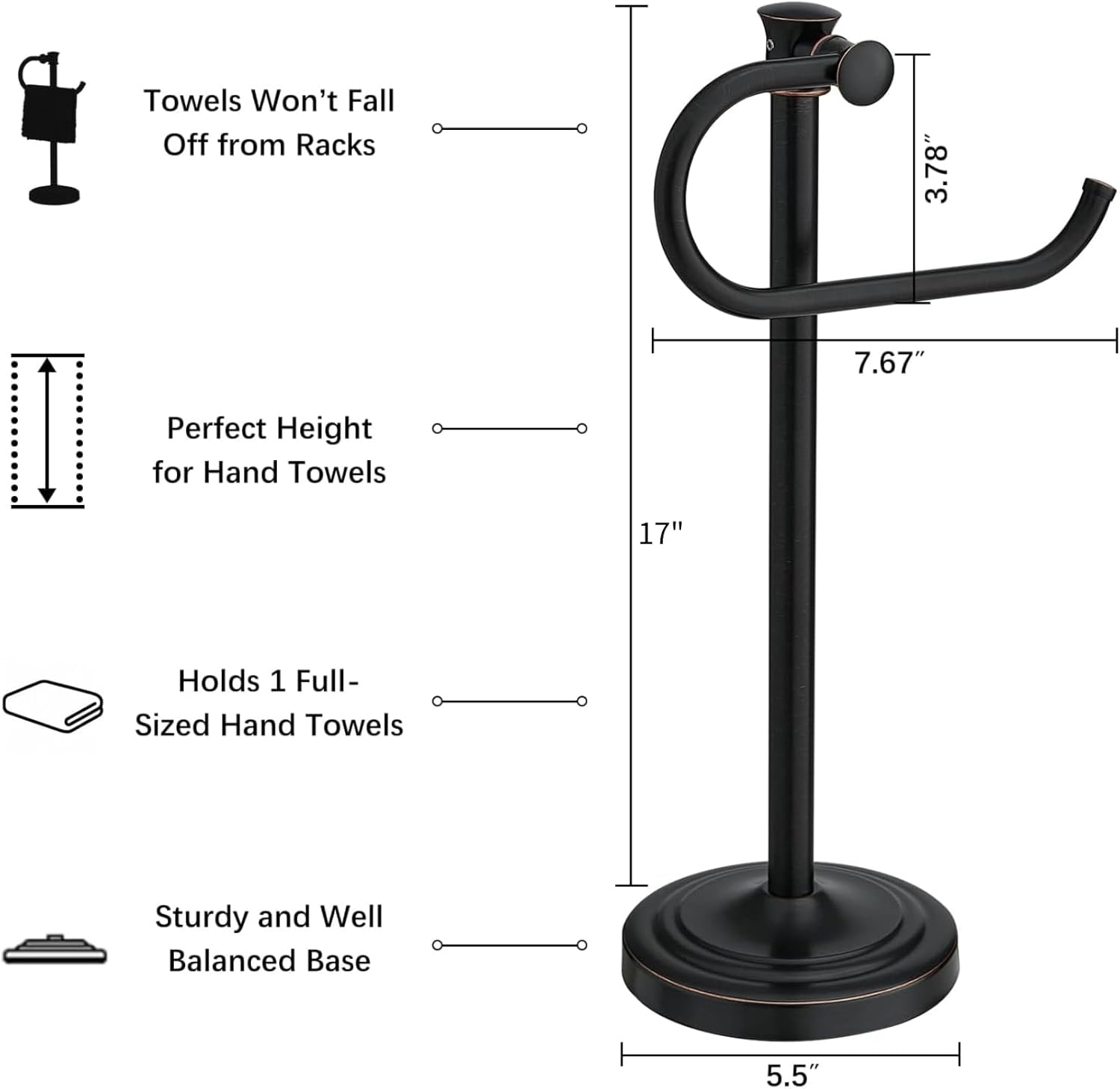 Stand Hand Towel Holder, Countertop Towel Bar, Oil Rubbed Bronze | 17 Inch Bathroom Towel Hanger, Freestanding Vanity