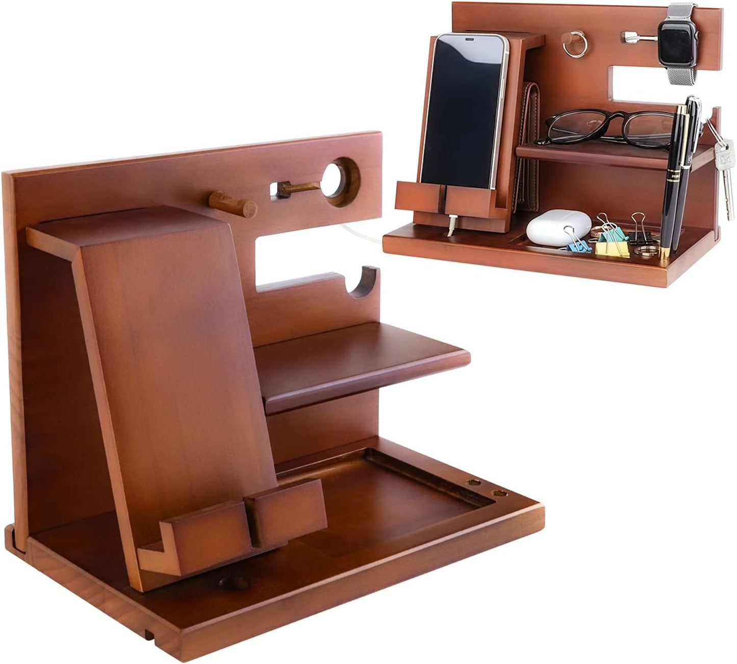 awofer Wood Phone Docking Station Nightstand Organizer for Men - Key Holder Wallet Stand iWatch Organizer Ring Hanging