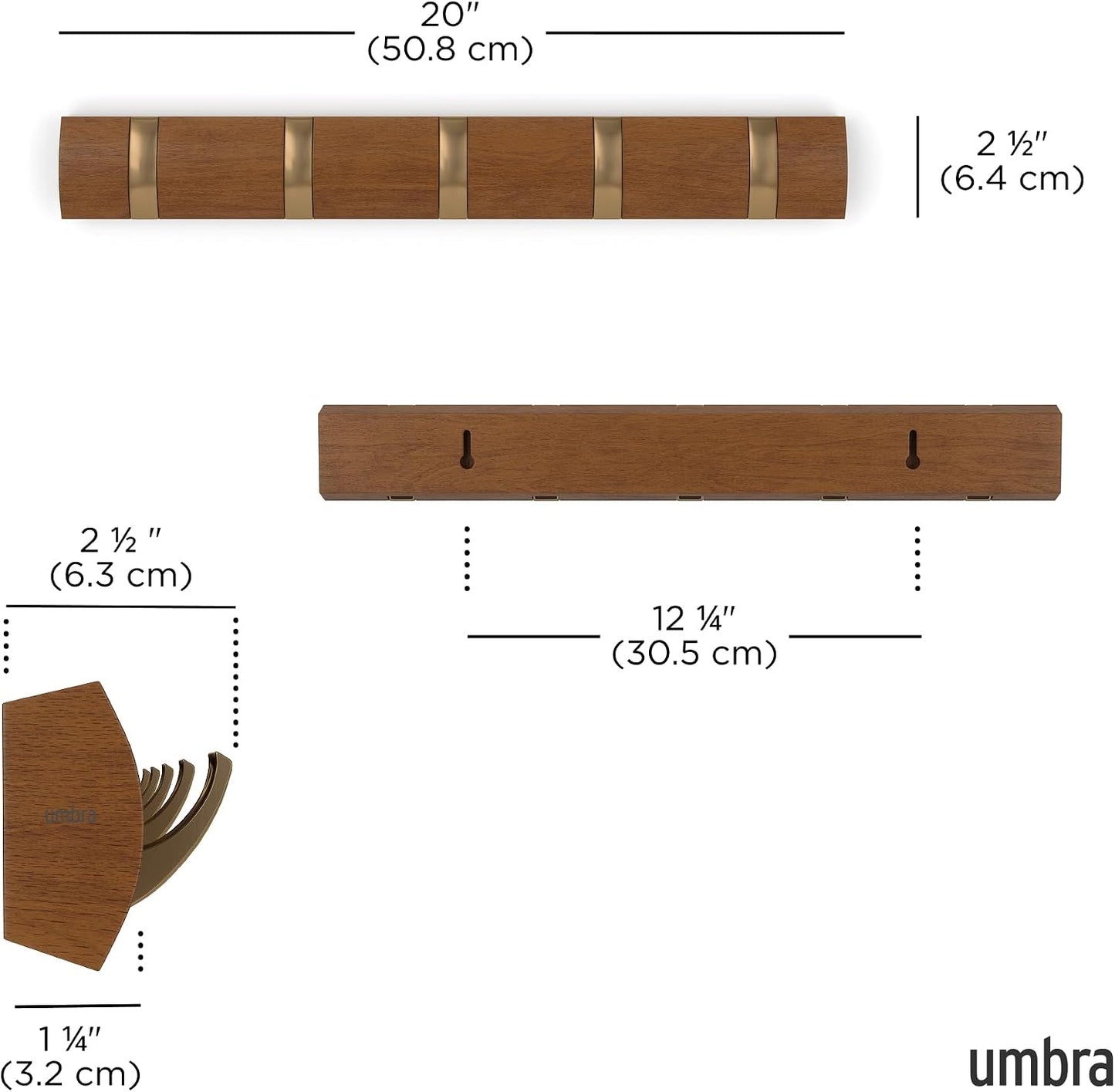 Umbra Flip Coat Rack, Wall Mounted 5-Hook Space Saving, Walnut/Gold | Real wood and steel build, retractable hooks fold