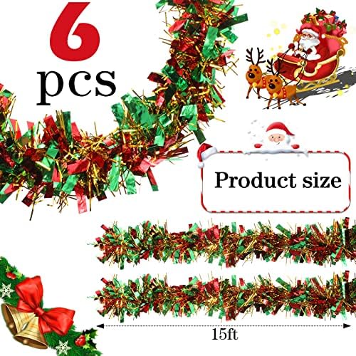 Shappy 90 ft 6 Rolls Christmas Tinsel Garland for Tree, Red, Gold, Green