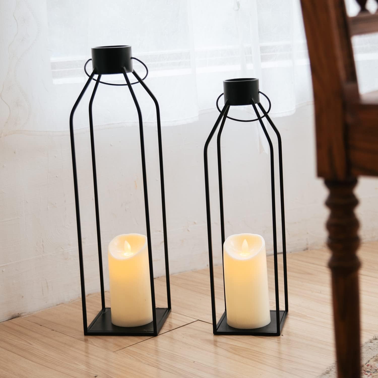 HPC Decor 22'' 19'' Lanterns Decorative w/ Flickering Timer Candles- Large Tall Black Metal Candle Lanterns Set of 2