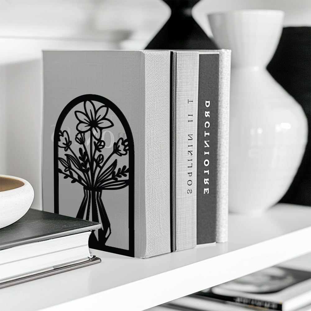Metal Bookends / Modern Decorative Heavy Duty Study Book Support Stoppers / Vase with Flowers