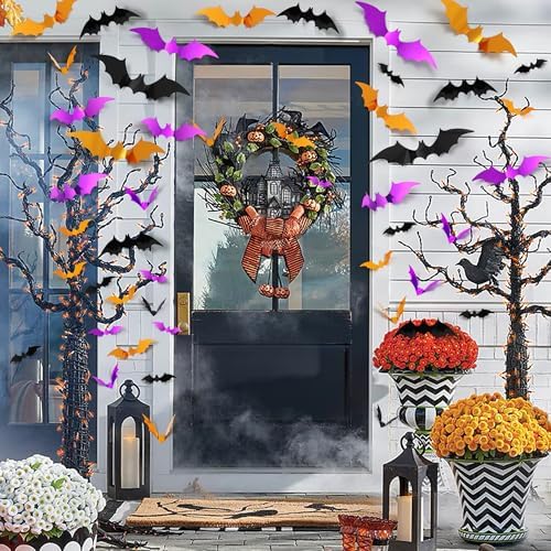 96Pcs Bats Halloween Decoration Sticker, Black Orange Purple Bat Wall Decor