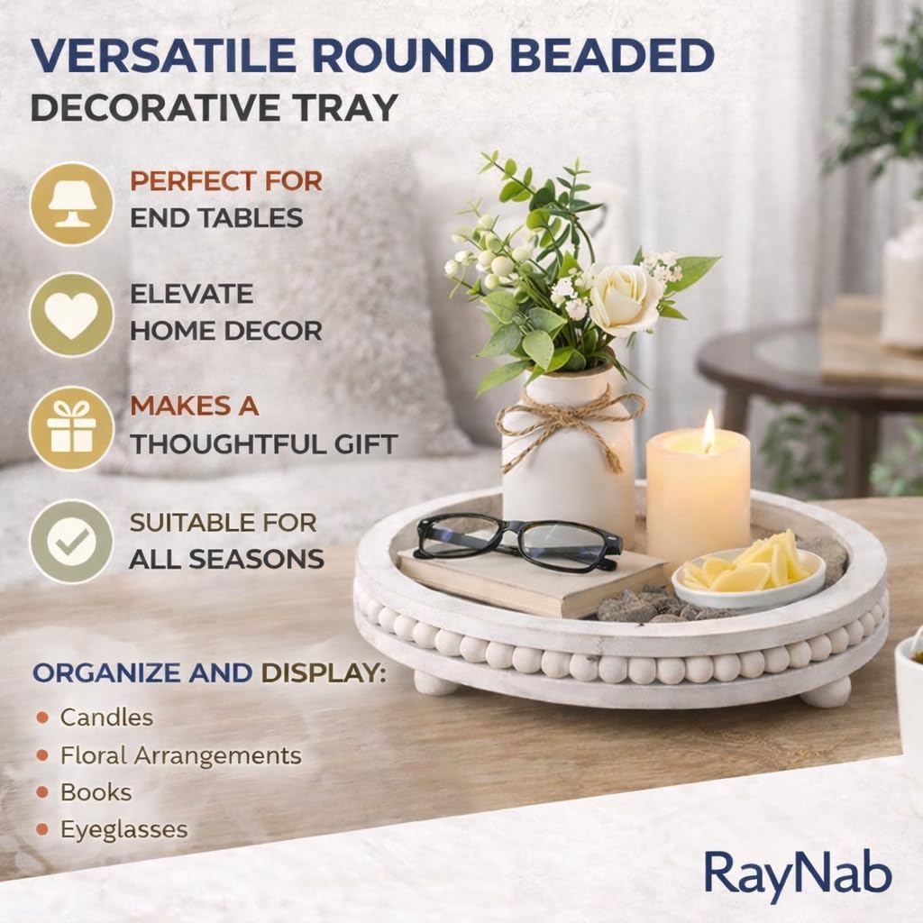 Farmhouse Round Wooden Beaded Tray