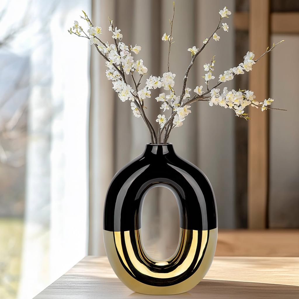 Gold and Black Vase Donut Vase Ceramic Vase for Flowers Pampas Minimalist / Hollow / Black+gold #2