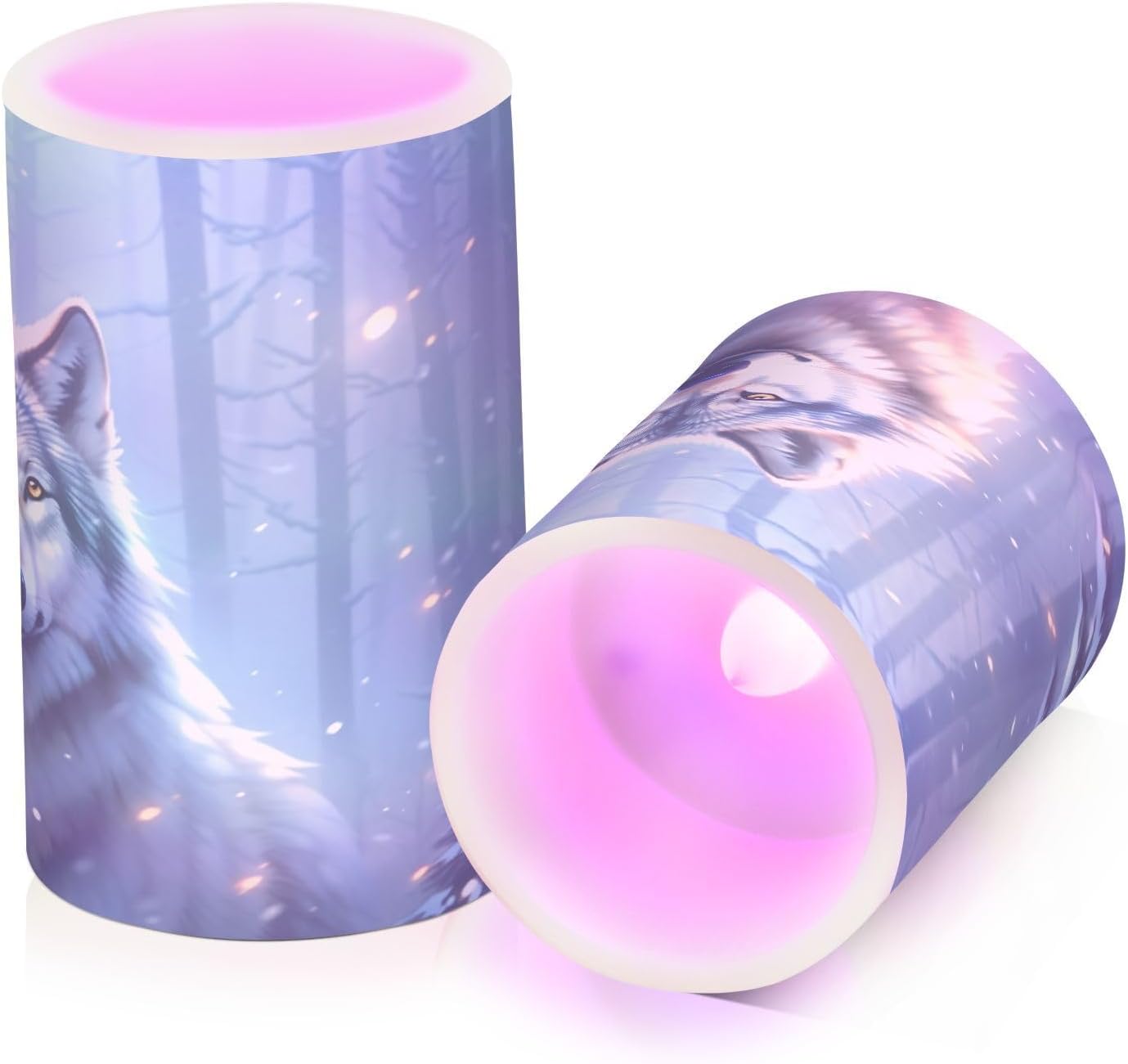 Flickering Flameless Candles, Wolf Winter Forest LED Candles with Remote Timer, Set of 2 Battery Operated Candle for