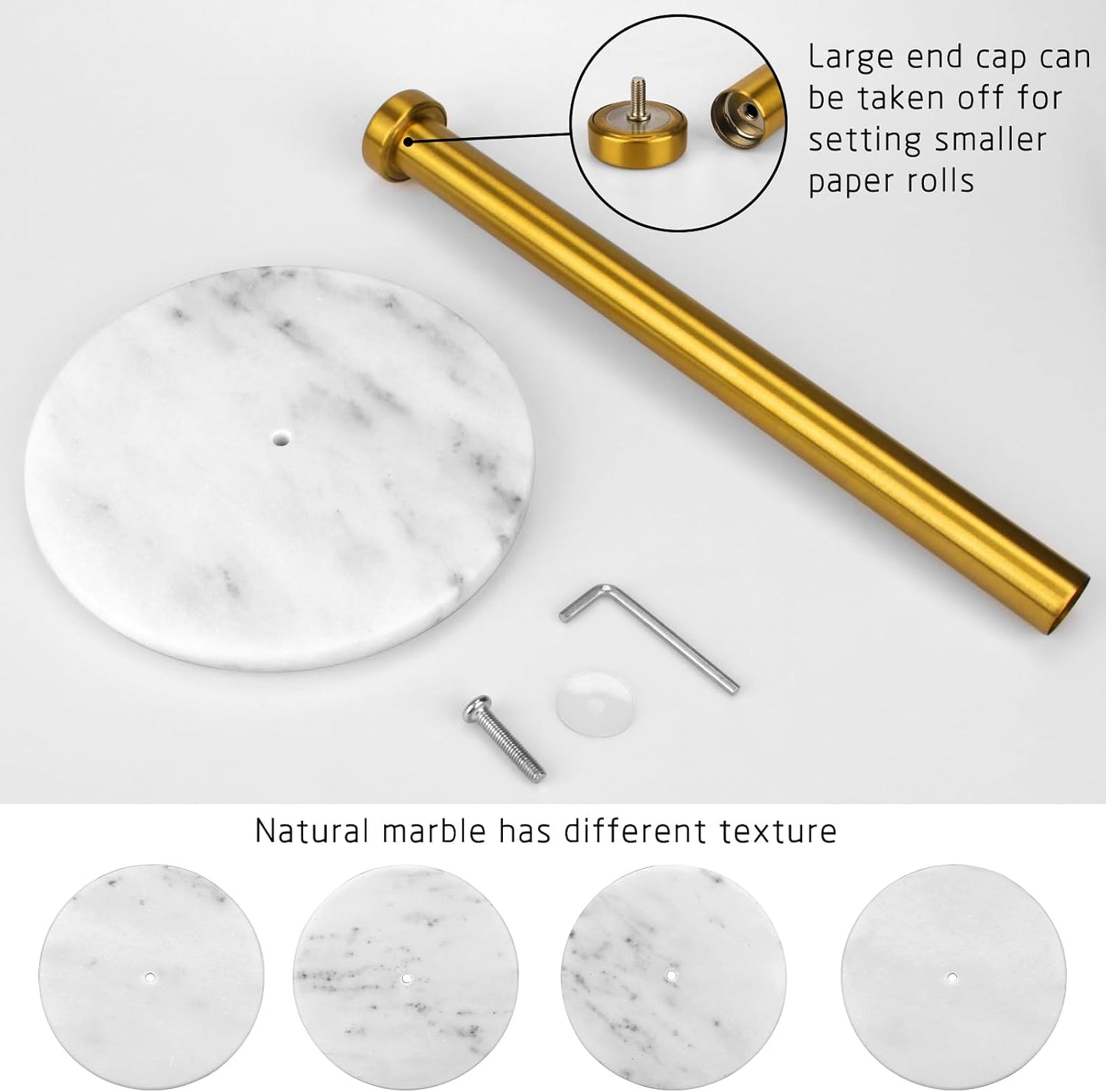 Paper Towel Holder Countertop, Brushed Gold, 7" White Marble Base | Weighted Marble Base, Paper Roll Holder, Modern