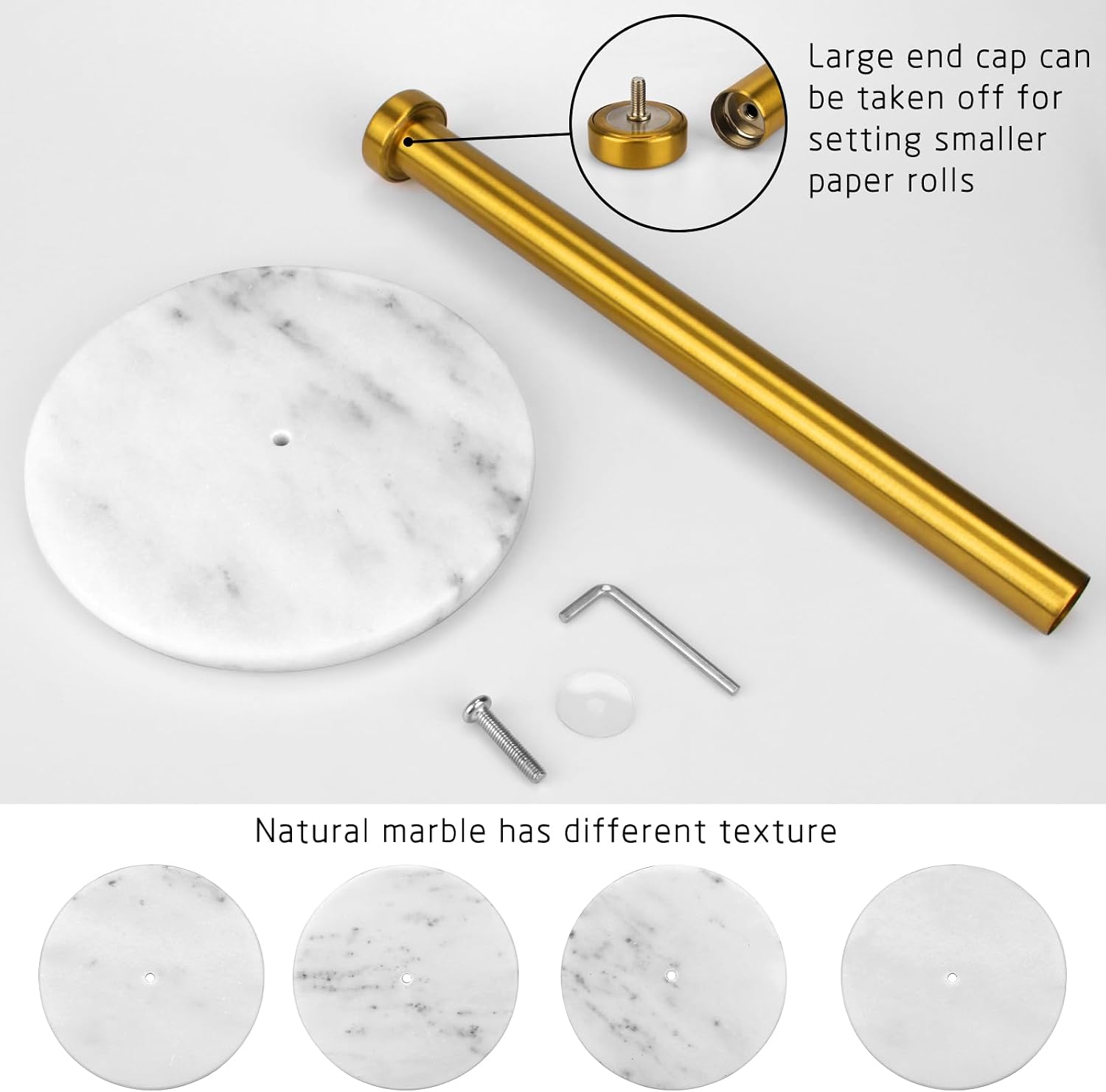 Paper Towel Holder Countertop, Brushed Gold, 7" White Marble Base | Weighted Marble Base, Paper Roll Holder, Modern