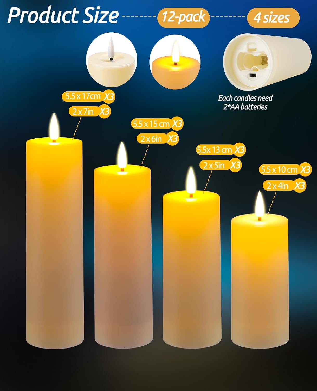 12 Pack Outdoor Waterproof Battery Operated Fake flameless LED Candles Set with Remote Control Timer, Warm White
